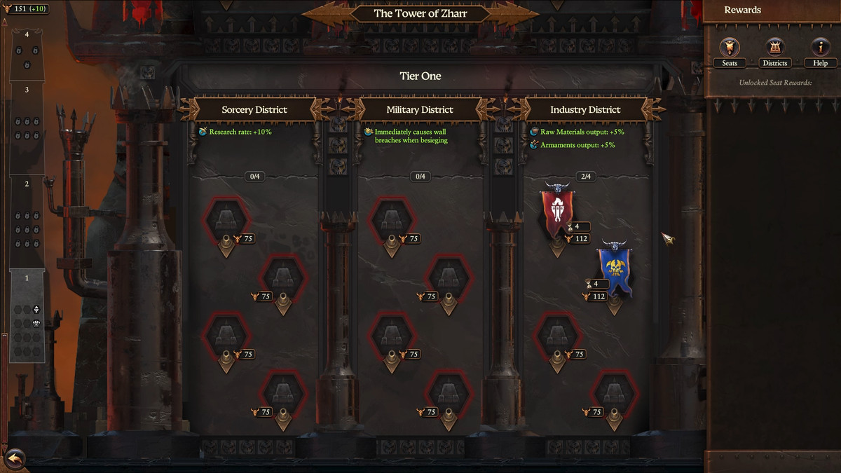 Sätena och distrikten i Tower of Zharr i Total War: Warhammer 3's Forge of the Chaos Dwarfs DLC
