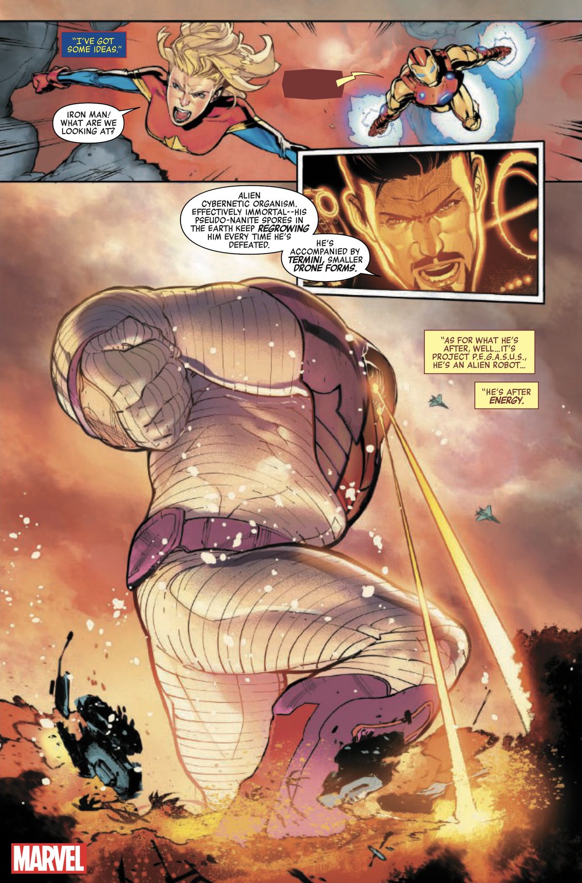 Captain Marvel och Iron Man svävar genom luften och slåss mot en kaiju-storlek humanoid robot 