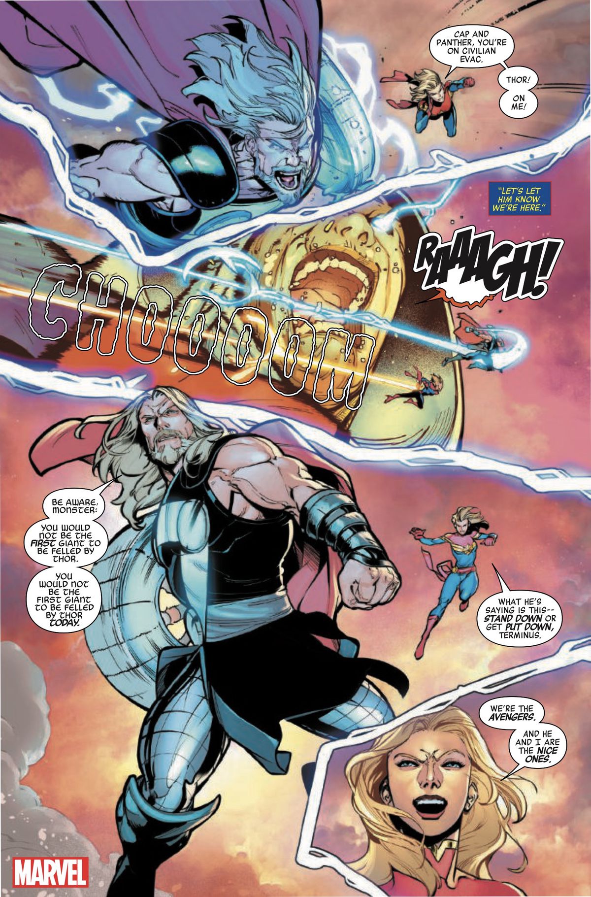 Kapten Marvel och Thor slåss mot det enorma monstret och slår det med ljus.  
