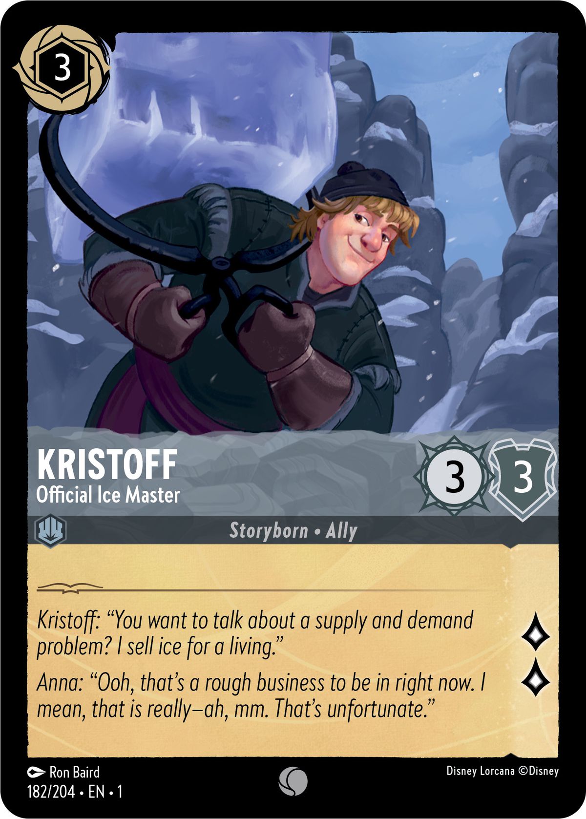 Kristoff, officiell ismästare, är en 3/3 glimmer — en berättelsefödd allierad — som kan spelas till bordet för 3 bläck.  Han genererar två lore när han söker.