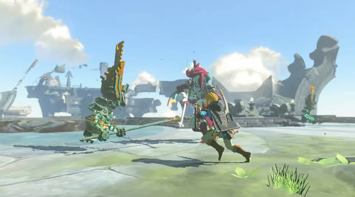 En bild av Link och Prince Sidon som slåss mot en konstruktion sida vid sida i The Legend of Zelda: Tears of the Kingdom.