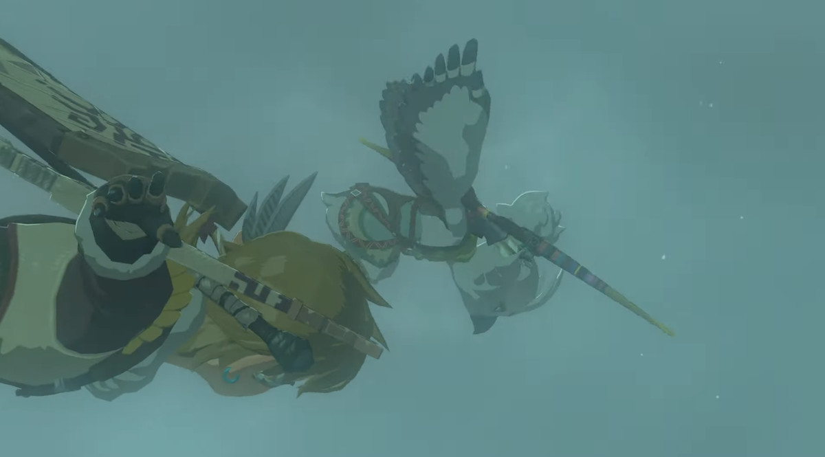 En bild på Link och en ung Rito som dyker ner i stormiga moln tillsammans i The Legend of Zelda: Tears of the Kingdom. 