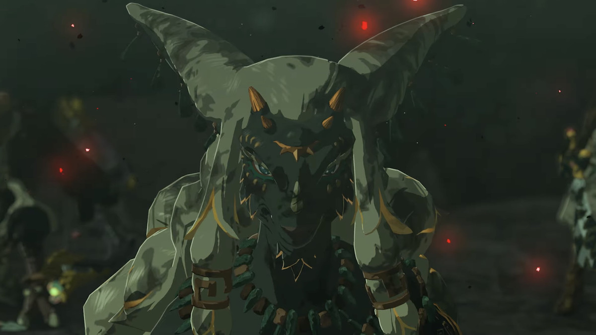 En bild av en ny karaktär från The Legend of Zelda: Tears of the Kingdom.  Den har ett getliknande ansikte och päls överallt.  Den har guldaccenter som dekorerar dess ansikte också. 