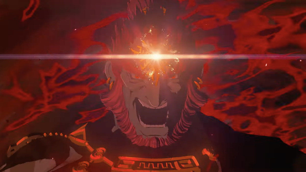 En bild av Ganon i The Legend of Zelda: Tears of the Kingdom.  Hans huvud glöder guld av kraft och han är omgiven av röd miasma. 
