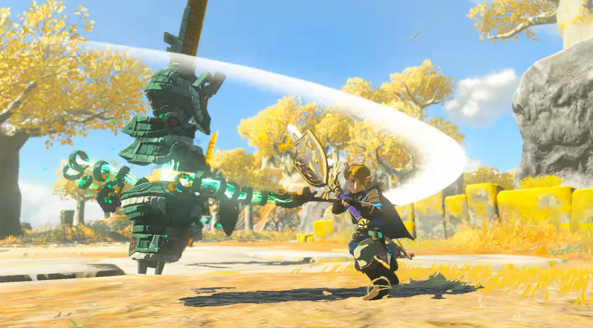 Länk som använder ett svärd med en sköld fäst i The Legend of Zelda: Tears of the Kingdom medan han slåss mot en konstruktion