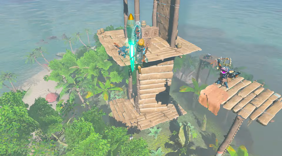 Länk håller fast i ett hemgjort raketskepp när det flyger rakt upp i The Legend of Zelda: Tears of the Kingdom