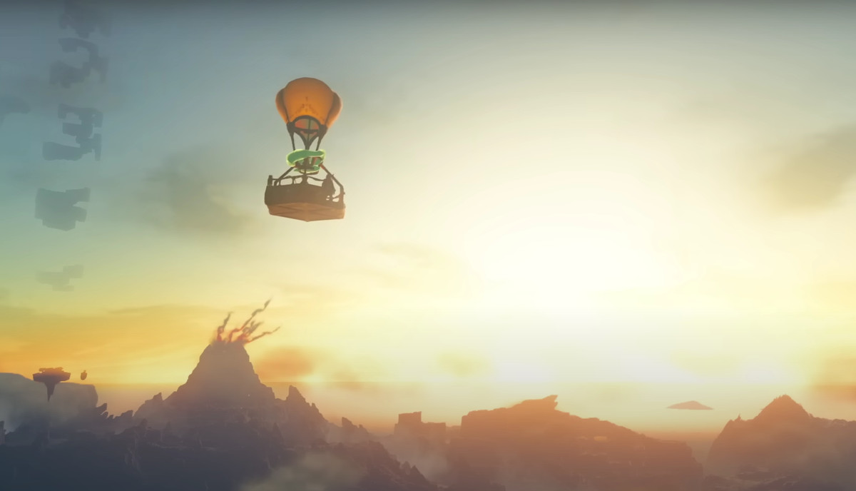 Länk i en luftballong ovanför Hyrule i The Legend of Zelda: Breath of the Wild