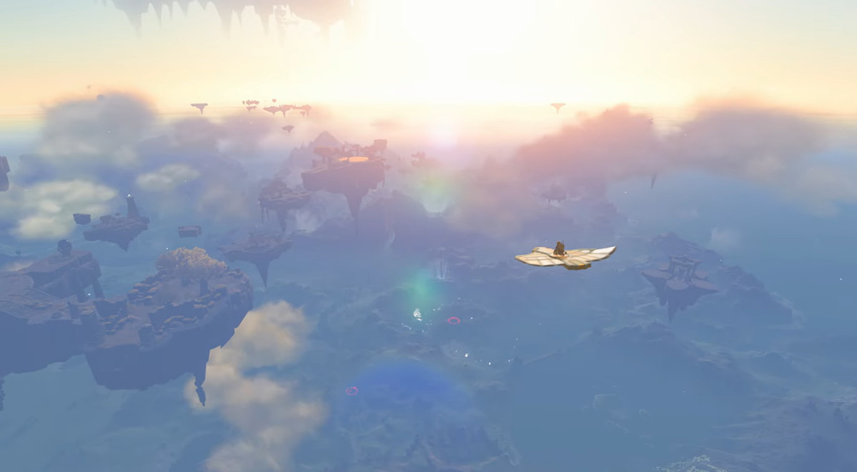 Link som åker på ett platt glidflygplan i The Legend of Zelda: Tears of the Kingdom, högt bland molnen och himmelsöarna
