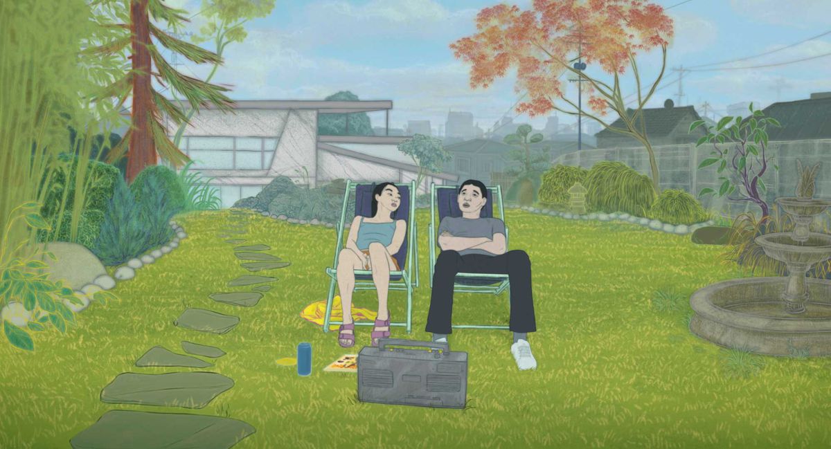 En man och en tonårsflicka pratar på en tom tomt i Haruki Murakami-anpassningen Blind Willow, Sleeping Woman.