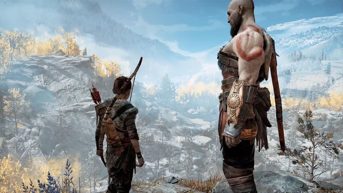 Kratos och Atreus blickar ut över det nordiska landskapet, efter att ha stött Fayes aska, i God of War (2018)