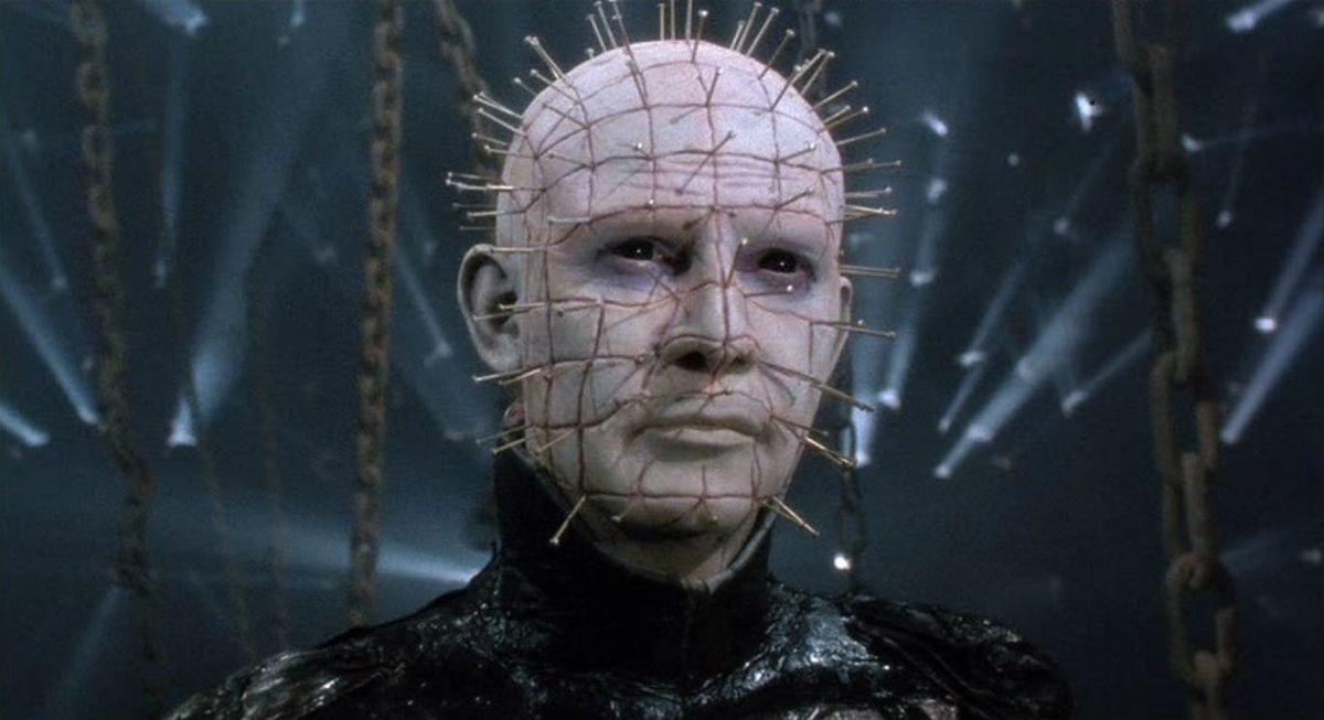 The cenobite Pinhead in Hellraiser, with needles all up in his head