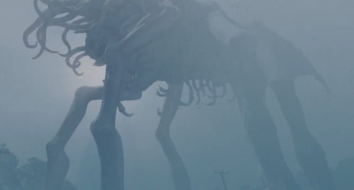 A giant multi-legged creature with writhing tendrils lumbering through a mist-covered landscape.