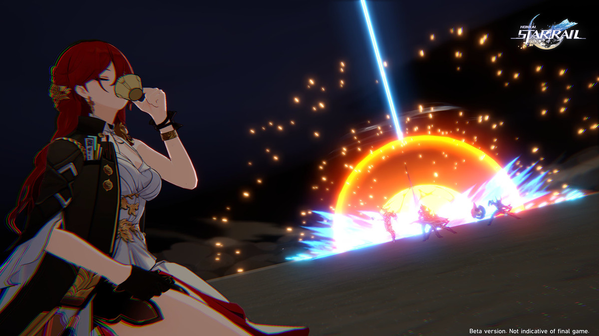 An image of Himeko’s ultimate move in Honkai: Star Rail. A satellite fires a giant death laser at the opposing team as she casually sips tea. 