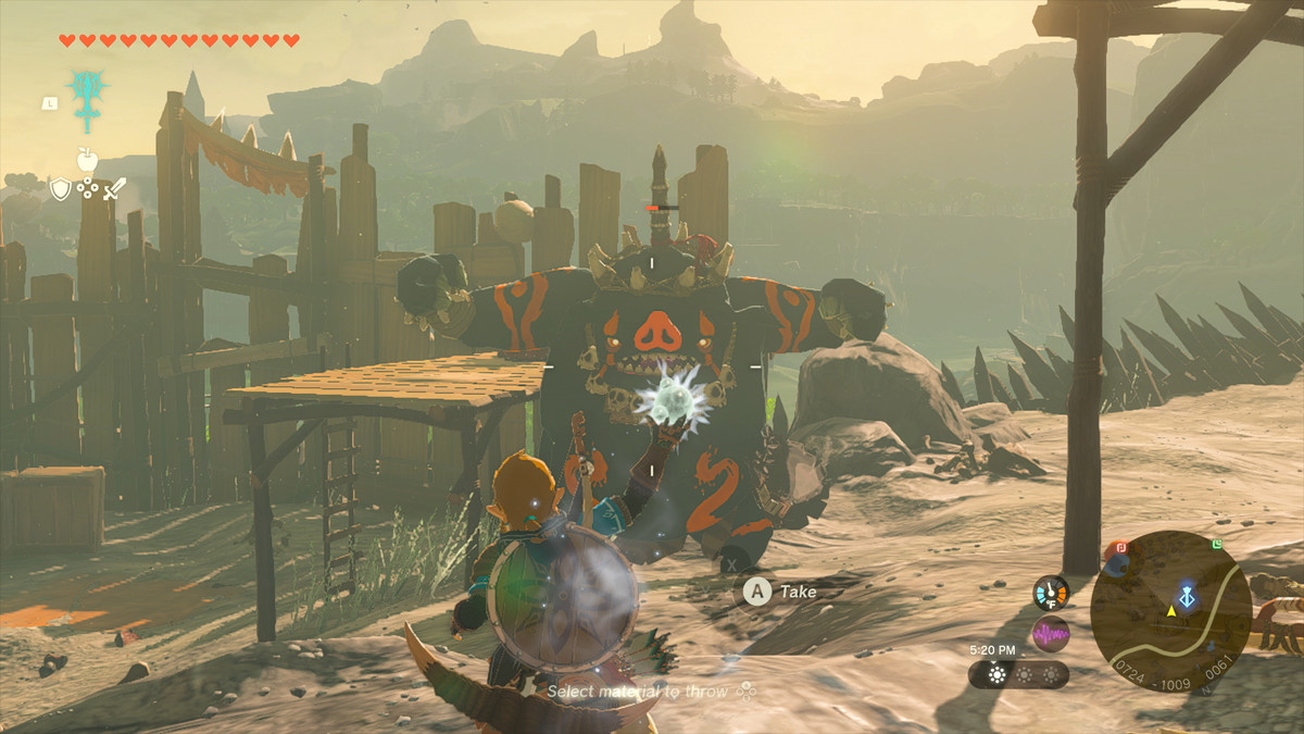 Link slänger en klot vit Chuchu-gelé mot en Hinox i The Legend of Zelda: Tears of the Kingdom