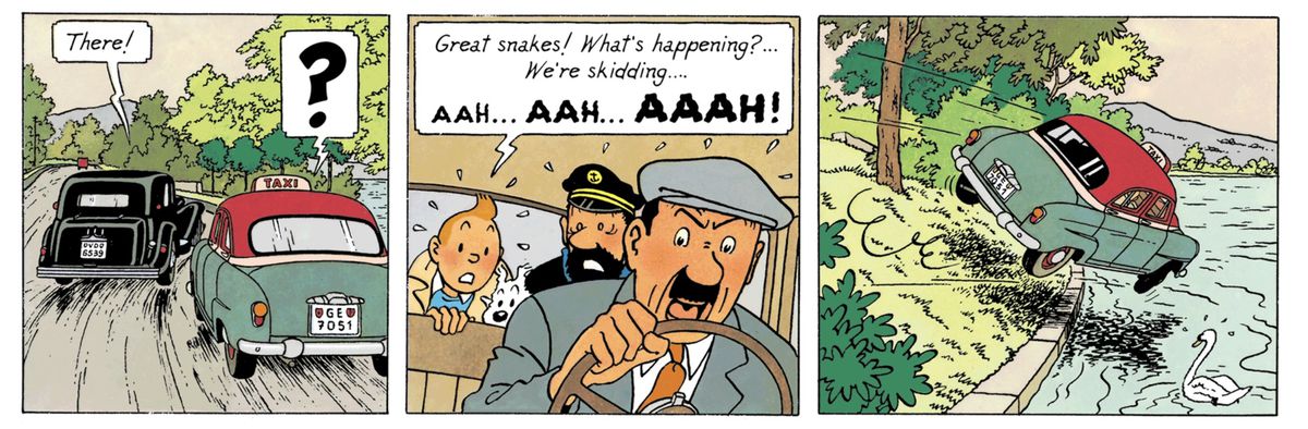 Tre paneler av en Tintin-serie, som visar en taxi med Tintin och kapten Haddock som körs av vägen in i en sjö