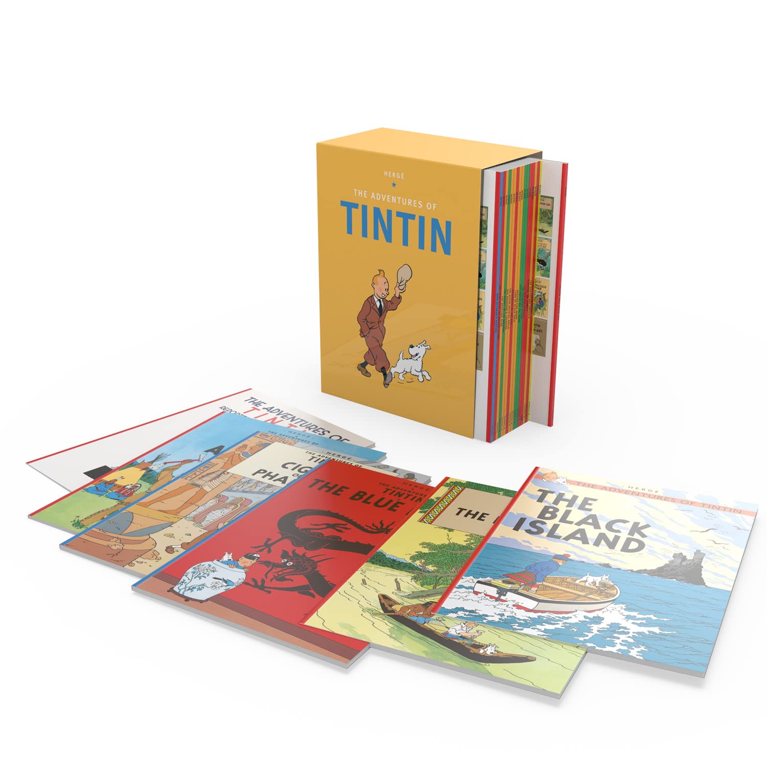 En Tintin-låda med flera böcker som The Black Island och The Blue Lotus som sitter med framsidan uppåt
