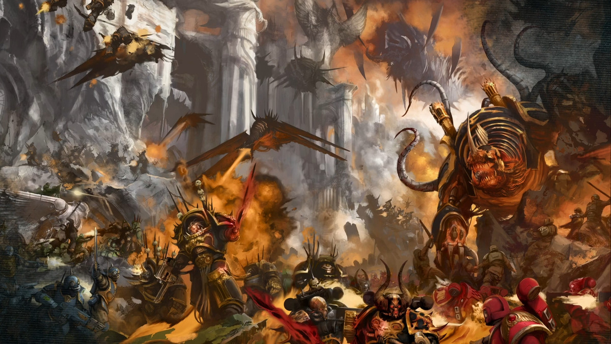 A great battle of Chaos in Warhammer 40,00, with both daemons and Chaos Space Marines besieging humanity.