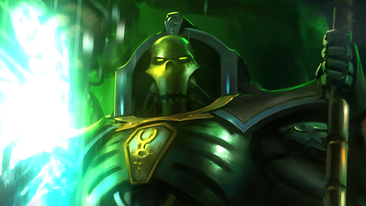 Trazyn the Infinite, a Necron in the uinverse of Warhammer 40,000. He looks like a metallic, stylized skeleton, and he wields bright green plasma fire in one hand.