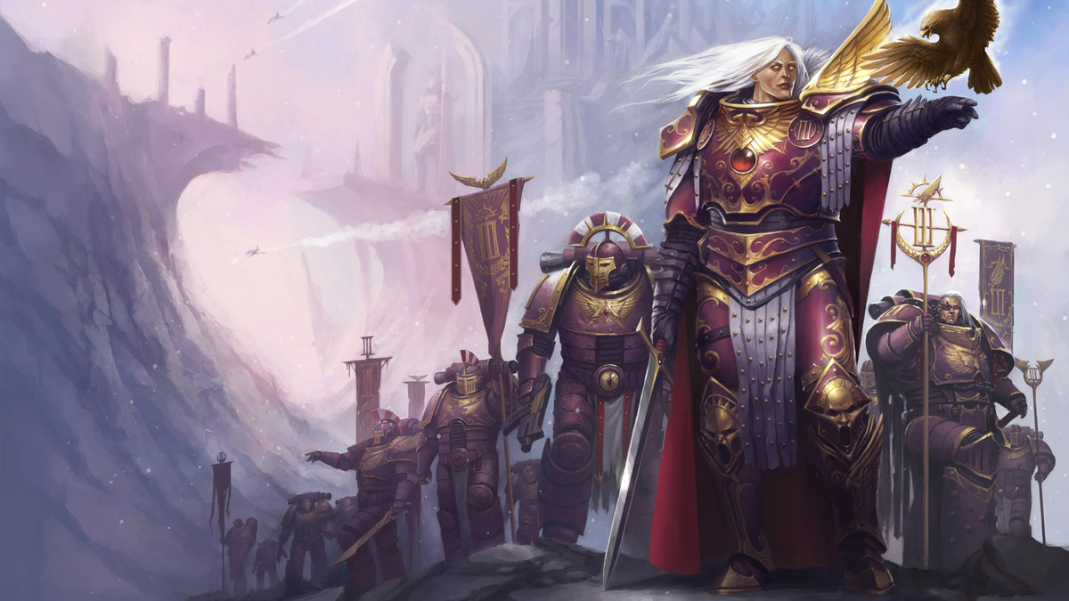 Fulgrim, Primarch of the Emperor’s Children Legion, in the days before the Horus Heresy in the setting of Warhammer 40K. He is a man with white hair and strong facial features, clad in amethyst and gold armor. He is flanked by his Space Marine sons. In the background is a misty cliff and castle.