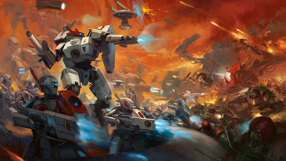 The T’au Empire go to war with Orks in the world of Warhammer 40K. The Tau wear sleek white and red suits and mechas, and use power weapons, while the Orks use ramshackle weapons and Mad Max-style ramshackle vehicles.