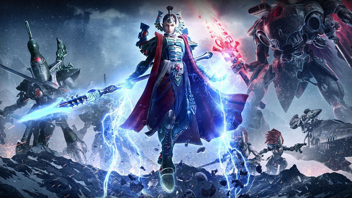 The Aeldari faction as depicted in Warhammer 40K: Dawn of War 3. There is a humanoid figure in the foreground in elaborate armor, with long ears and psychic powers. In the background, armored Aeldari and their powerful tech is on display.