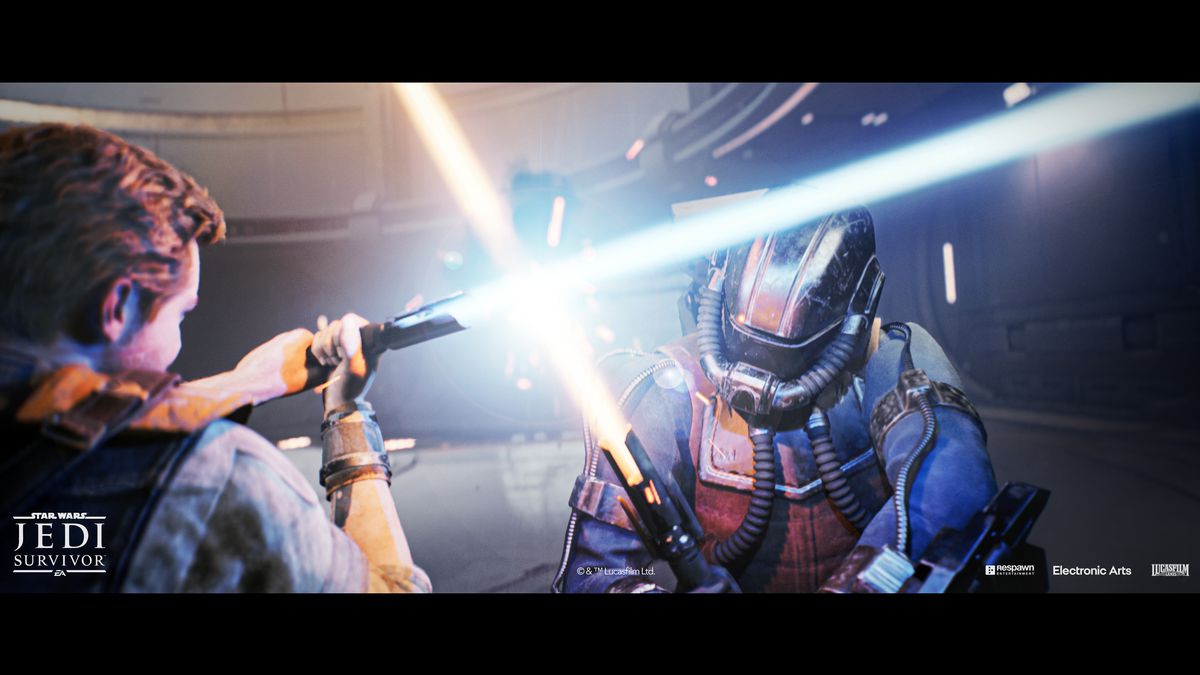 Cal Kestis engagerar sig i en ljussabelstrid med en maskerad motståndare i en skärmdump från Star Wars Jedi: Survivor