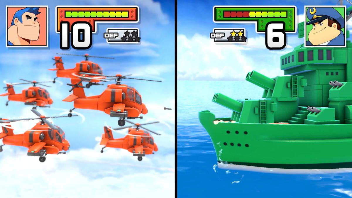 CO Max använder en flotta av Orange Star-helikoptrar för att attackera Drakes slagskepp i en skärmdump från Advance Wars 1+2: Re-Boot Camp