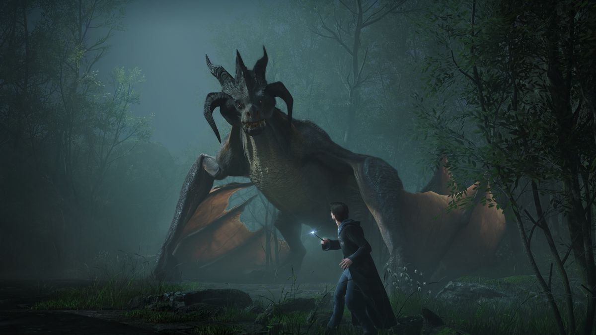 En trollkarl vänder mot en drake i en skärmdump från Hogwarts Legacy