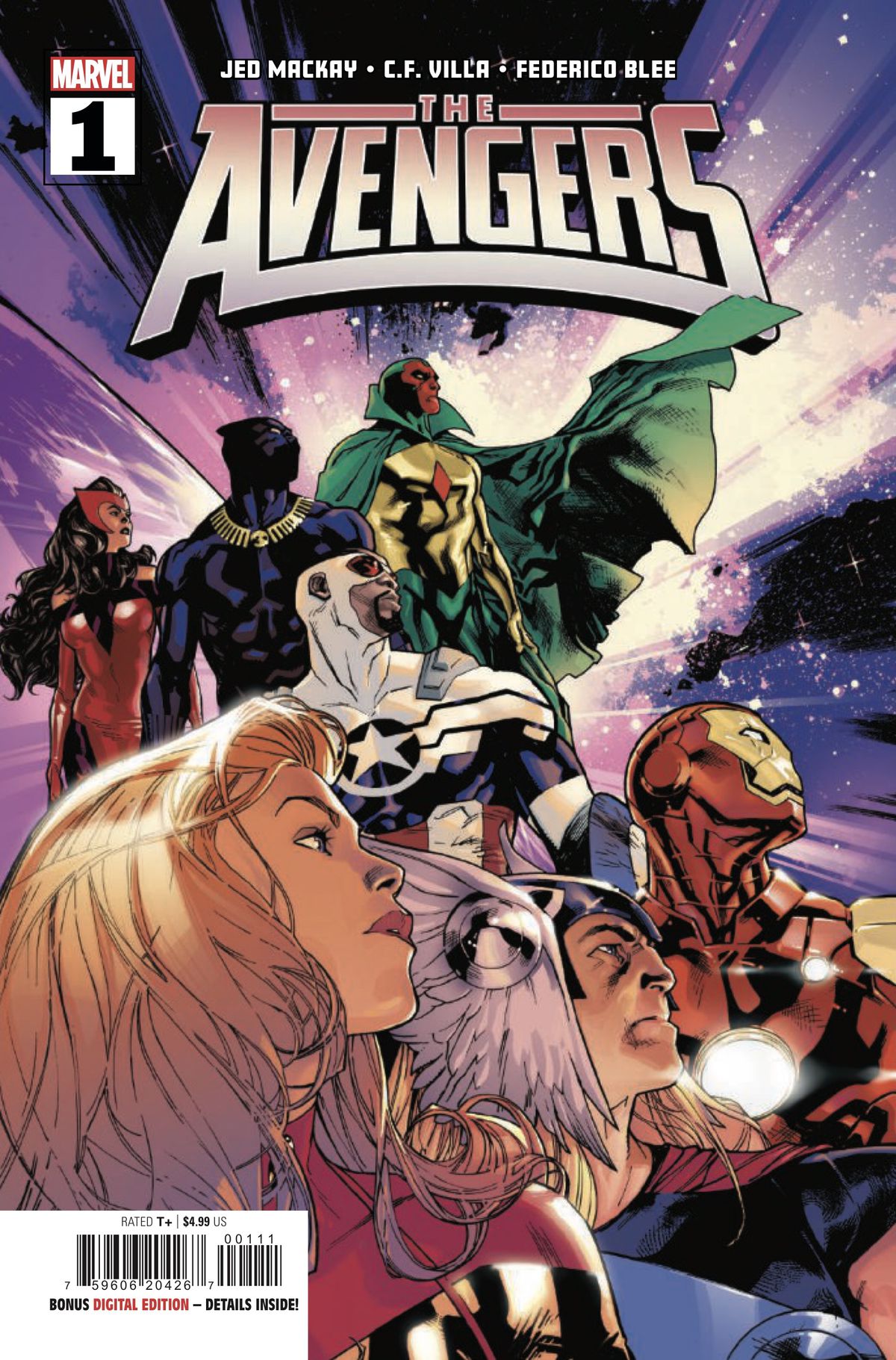 The Avengers poserar dramatiskt och tittar i fjärran på omslaget till Avengers #1 (2023).  På bilden är (LtR och uppifrån och ned) Scarlet Witch, Black Panther, Vision, Captain America, Captain Marvel, Thor och Iron Man.