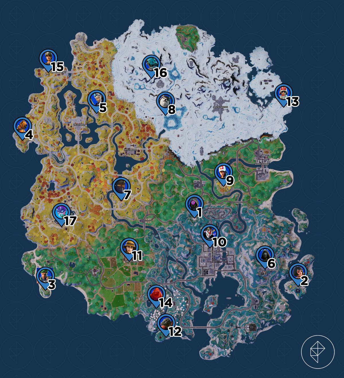 En karta över Fortnite kapitel 4 säsong 2-kartan under vecka 5, inklusive alla NPC-platser som den nyligen tillagda Mystica