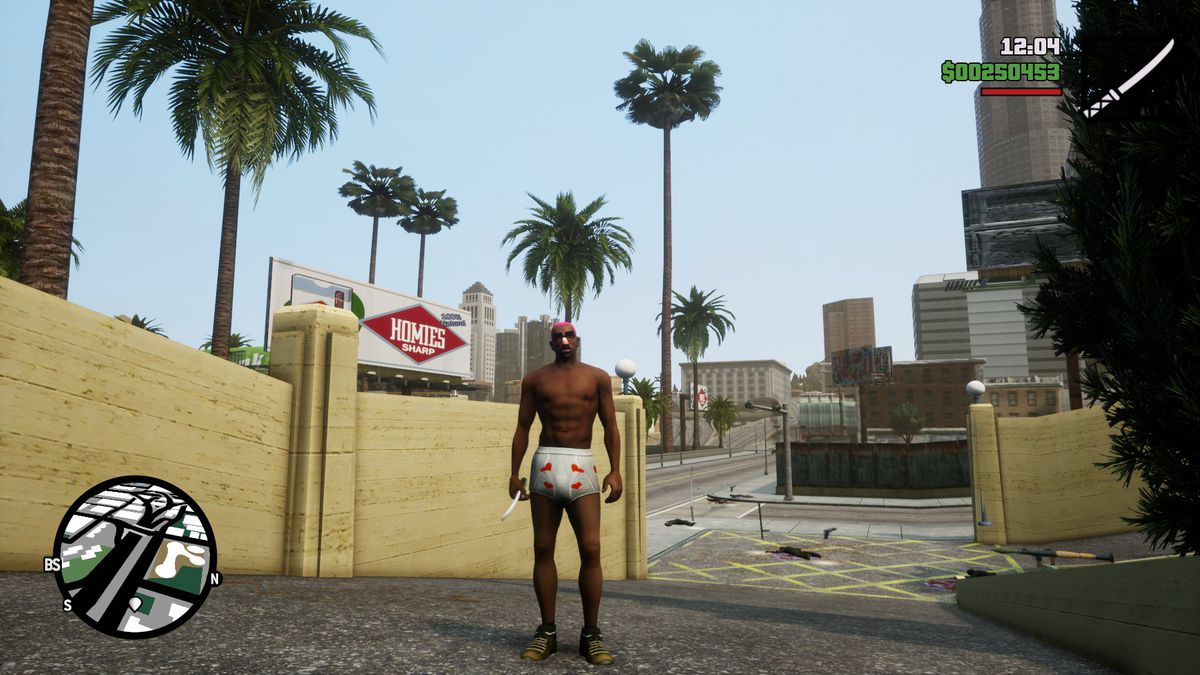 CJ stands half-naked outside of the hospital in GTA San Andreas Definitive Edition