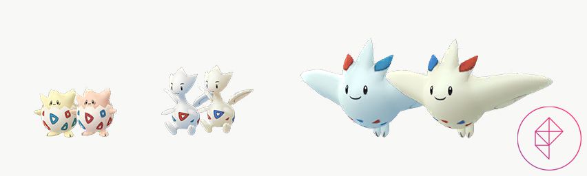 Shiny Togepi, Togetic och Togekiss i Pokémon Go med sina normala former.  Shiny Togepi är en nyans av ljusrosa, medan glänsande Togetic och Togekiss får en gul nyans.