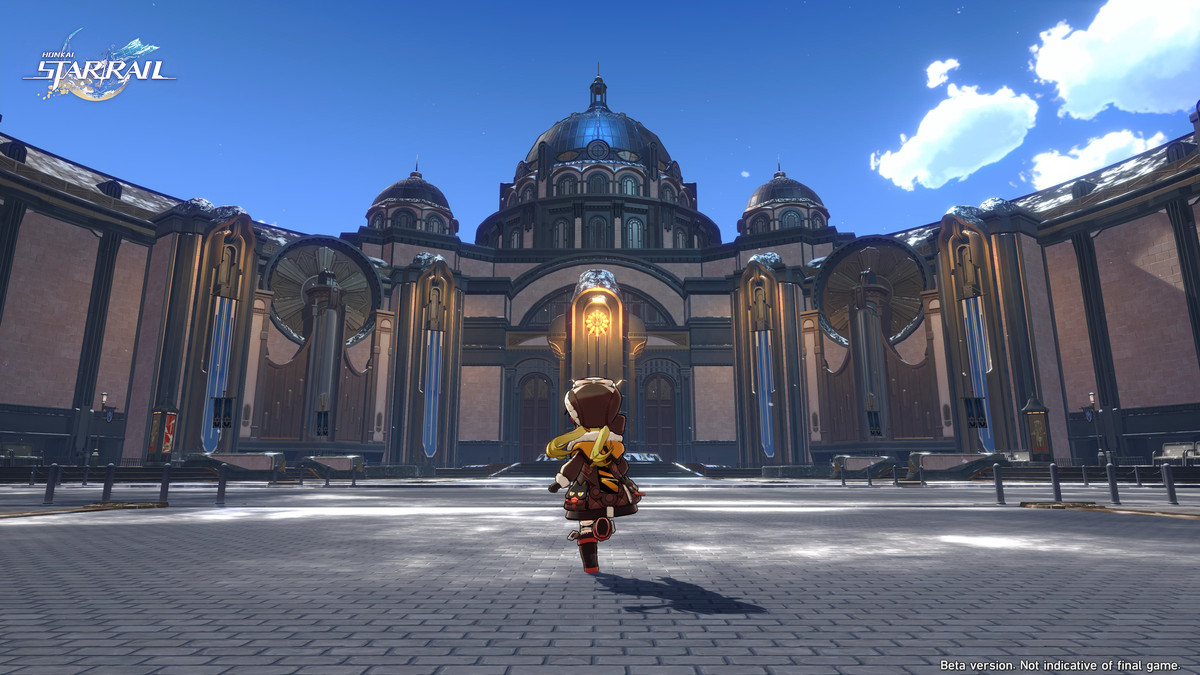 An image of Hook from Honkai: Star Rail runs around the city of Belobog. An ornately designed building resembling a governmental building is just ahead of him. 