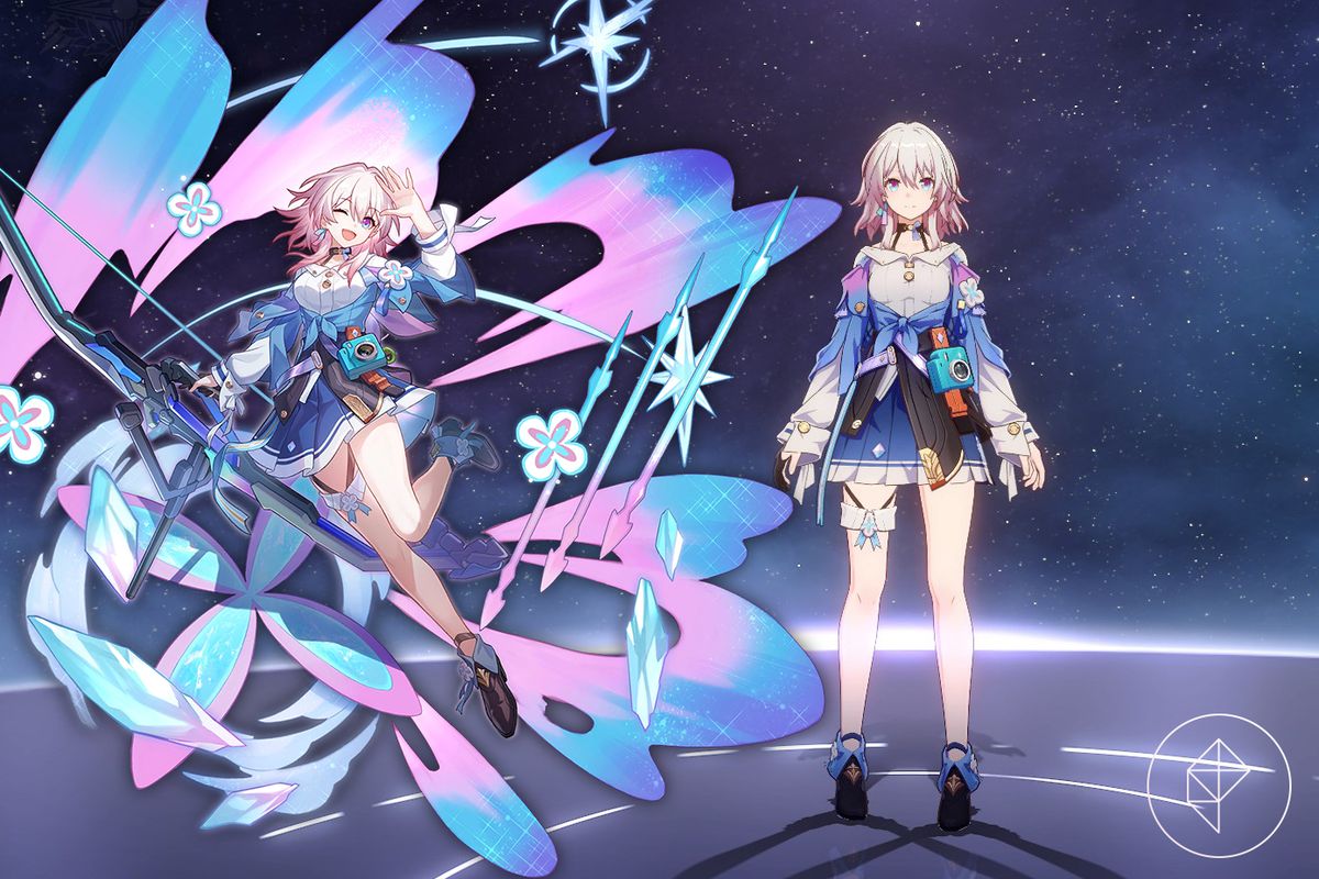 Honkai: Star Rail-modellen i spelet den 7 mars tillsammans med sin plaskkonst.  Den 7 mars är en ung tjej med rosa hår och en blå outfit