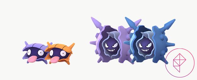 Shiny Shellder och Cloyster i Pokémon Go med sina vanliga former.  Shiny Shellder är orange och glänsande Cloyster är blå.