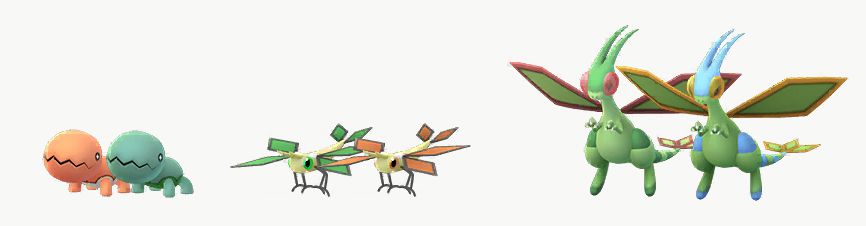 Shiny Trapinch, Vibrava och Flygon står bredvid sina Pokémon Go Shiny-varianter