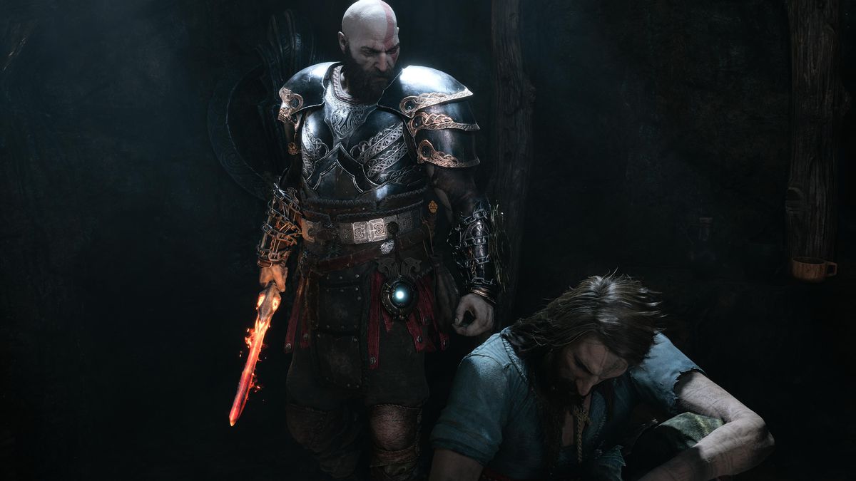 Kratos står över Tyr på knä på marken i God of War Ragnarok.