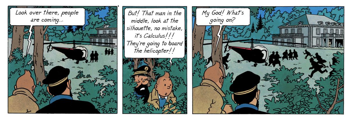 Tintin och kapten Haddock tittar på figurer som eskorterar sin vän Calculus till en helikopter på natten.  Plötsligt kommer en attack.  