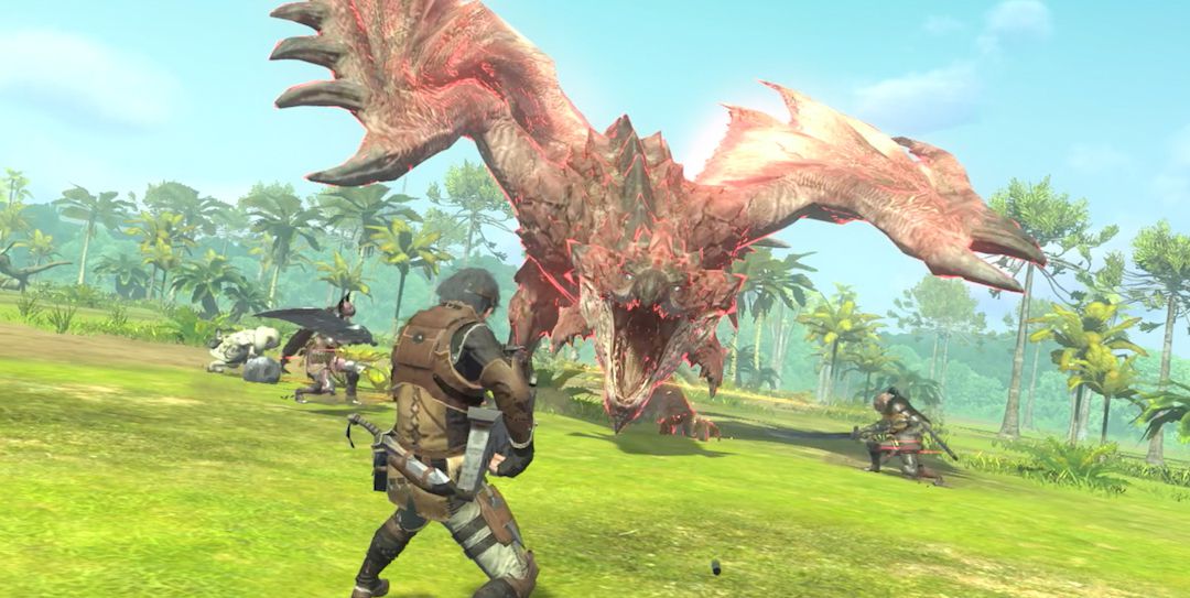 Mänskliga spelare och en Palico slåss mot en Rathalos i en tropisk miljö i en skärmdump från Monster Hunter Now