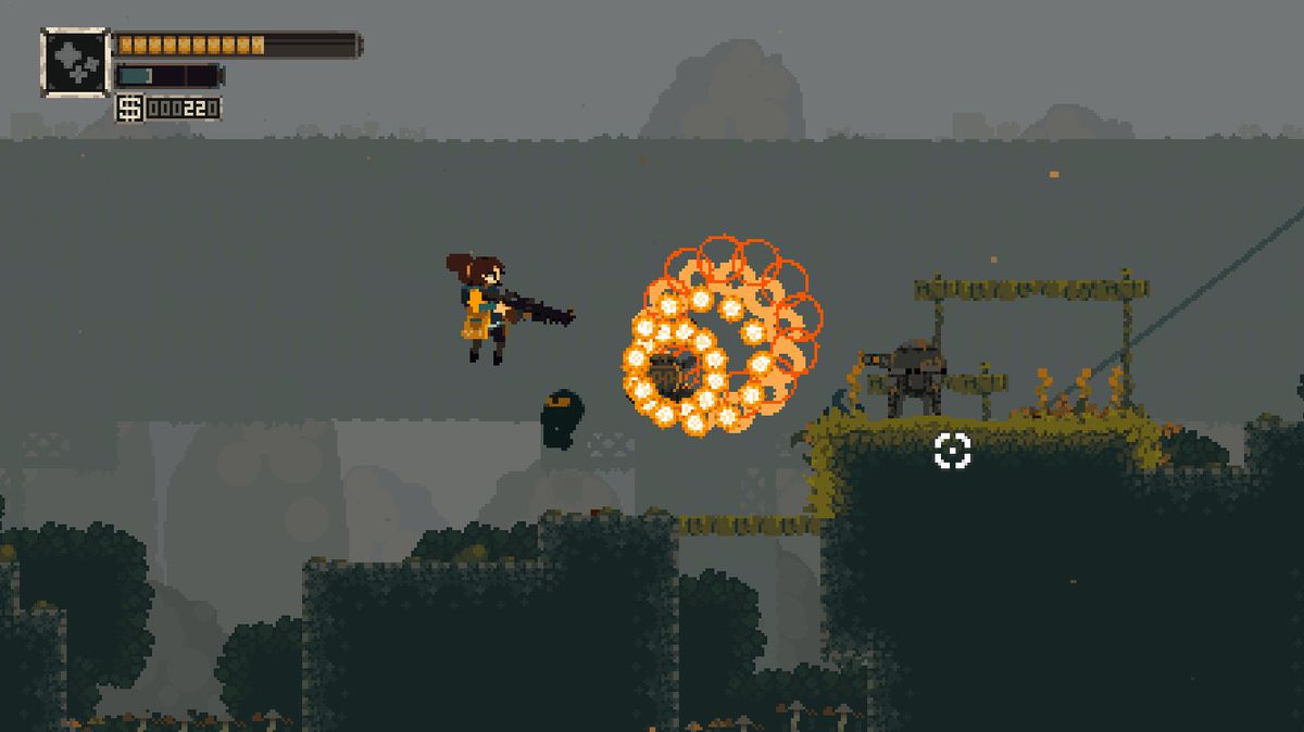 Fern, huvudpersonen i Rusted Moss, undviker en explosion av 2D-kulor i detta 2D-plattformsspel.