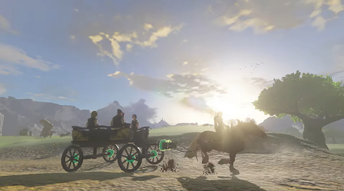 Link och hans häst drar en vagn full med människor i Legend of Zelda: Tears of the Kingdom