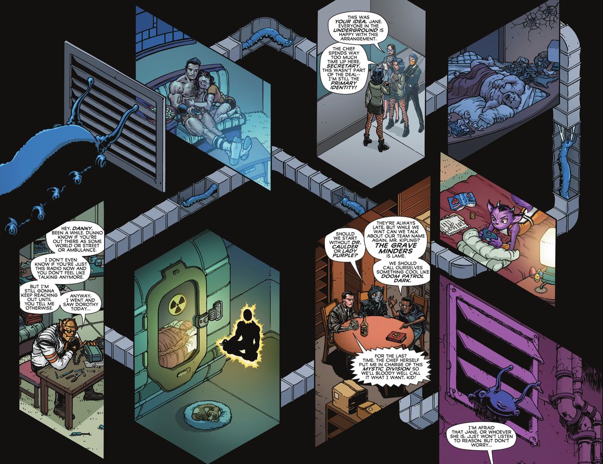 En serie tvärsnitt av rum i Doom Patrols högkvarter, karaktärer från alla epoker av Doom Patrol kopplar av och kommer ikapp varandra i Unstoppable Doom Patrol #1 (2023).