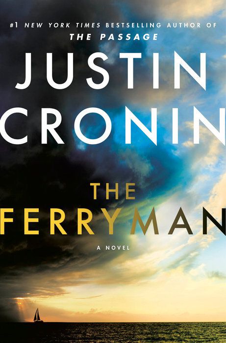 Lead art for Justin Cronin’s The Ferryman, which pictures a cloudy sky over the horizon, as a single sail boat sits on the water.