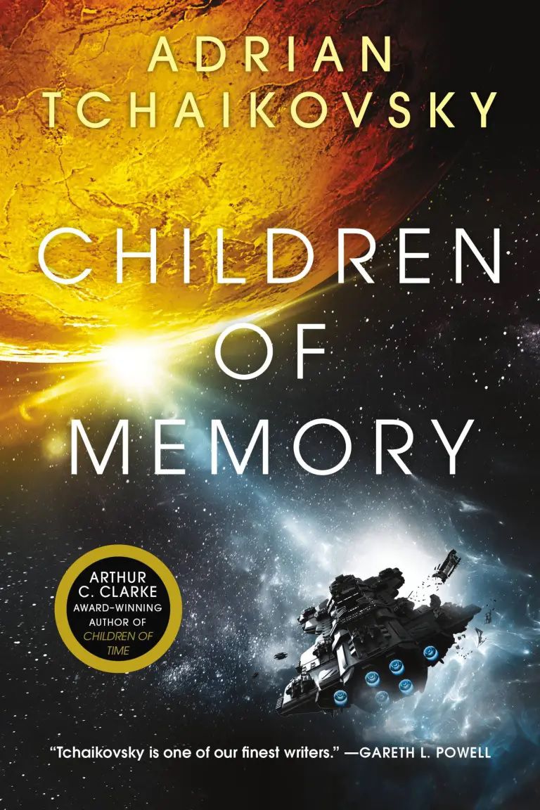The cover image of Adrian Tchaikovsky’s Children of Memory, which depicts a spaceship approaching a large orange planet.