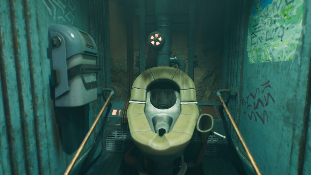 Närbild på en toalett från Star Wars Jedi: Survivor, med utomjordisk graffiti på väggarna och en tiolett som verkar ha två dräneringshål i sig och ett långt rör fäst på sidan.  Jag vet inte hur det fungerar men det verkar ganska omfattande.