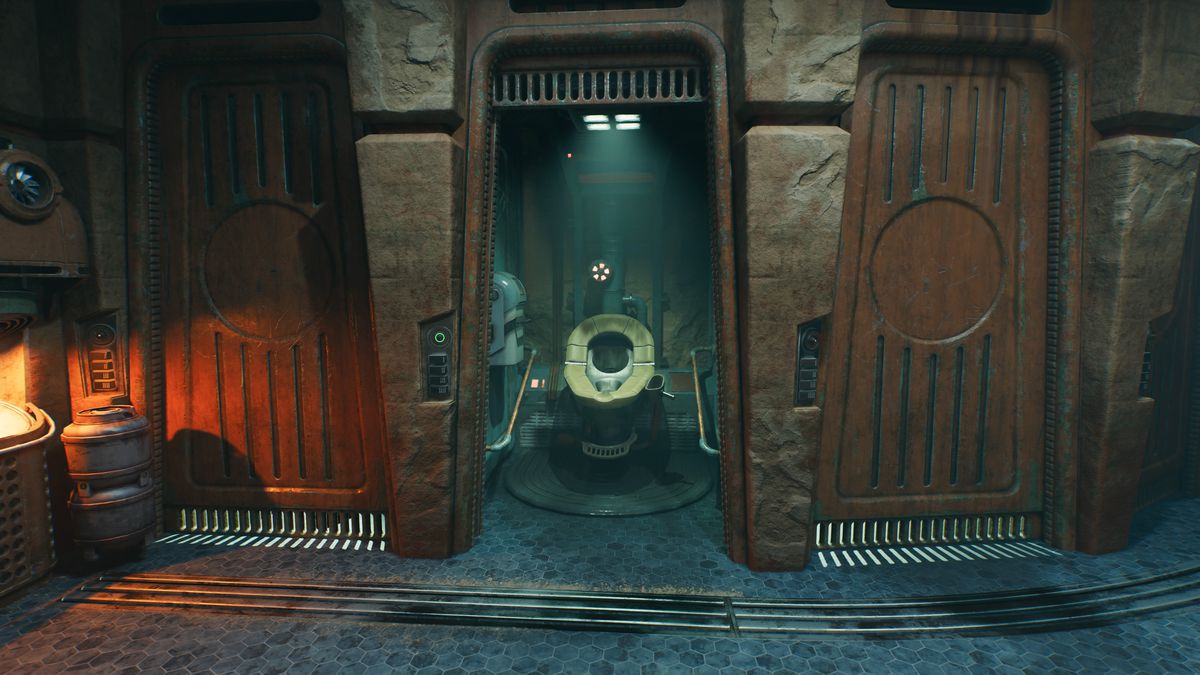 En mittbild av ett öppet stall i Pylons Saloon-toalett från Star Wars Jedi: Survivor.  Från detta avstånd ser toaletten normal ut, om än lite avlång.