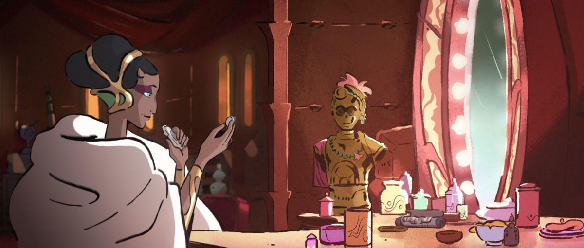 A dark-skinned alien woman sits at a vanity table, which is full of makeup and doodads (including a droid-shaped jewelry display). She wears a luxurious white dress.