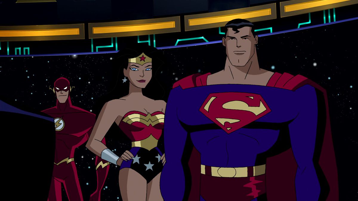 Superman, Wonder Woman, and The Flash stand on the bridge of the Watchtower, with outer space behind them, in Justice League Unlimited.