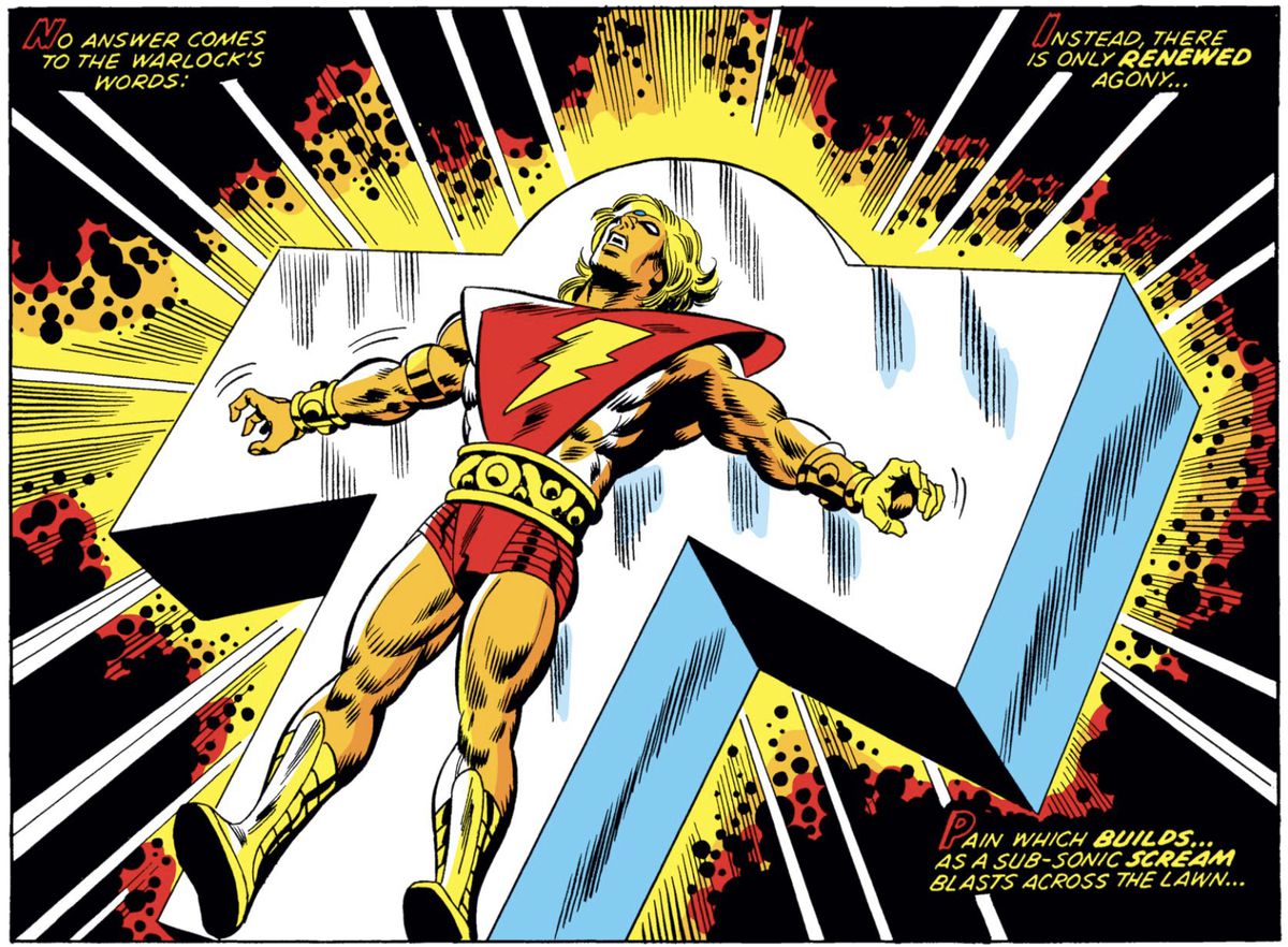 Adam Warlock darrar av smärta på en flammande korsformad plattform, omgiven av kosmisk energi i Incredible Hulk #177 (1974).