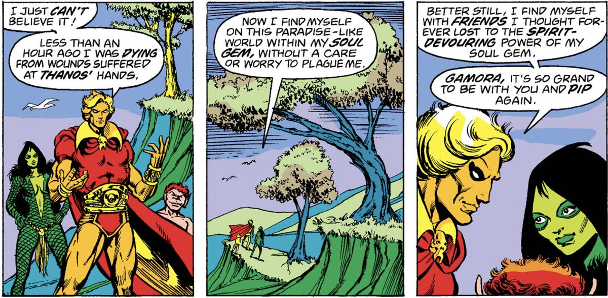 Adam Warlock berättar för trollet Gamora och Pip hur glad han är över att ha blivit räddad från Thanos och förd in i den fridfulla världen inuti Soul Gem i Marvel Two-in-One Annual #2 (1976). 